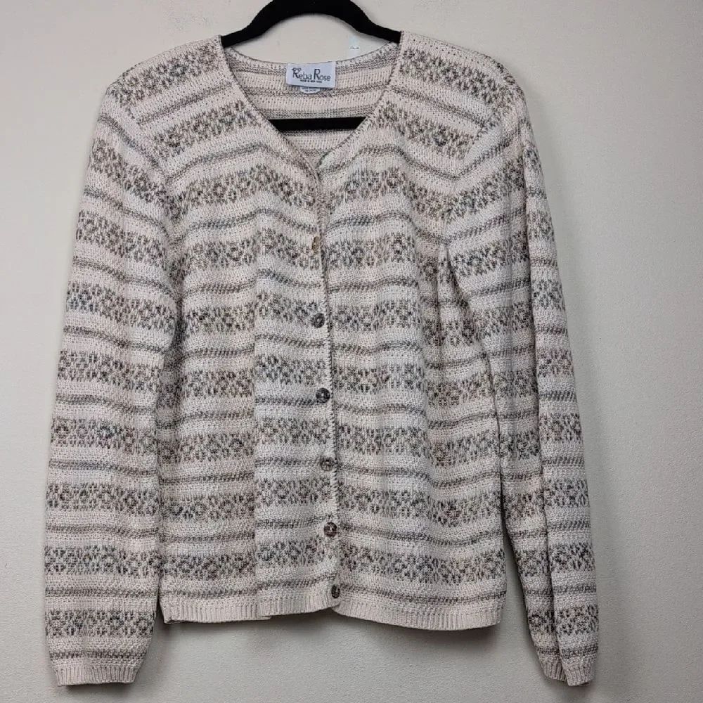 Vintage Reba Rose Striped Cream Patterned Cotton Cardigan Sweater Size M